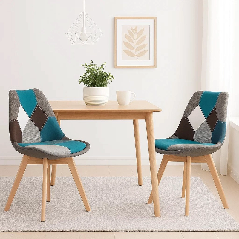 PACK DE 2 SILLAS TULIP PATCHOWORK ACOLCHADA TELA WOOD - CELESTE - 2