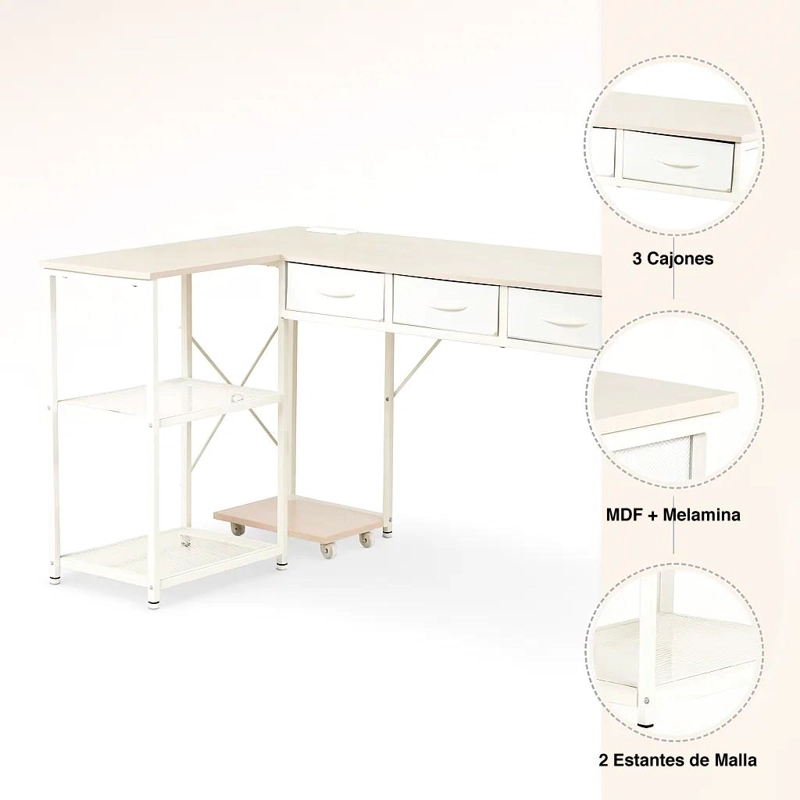 ESCRITORIO PRISMA EN L CON ESTACION DE CARGA INTEGRADA (2 ENCHUFES + 2 USB) - BLANCO - 5