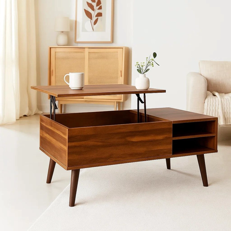 MESA DE CENTRO RUSTICA GREVA LIFT CON CAJONES Y REPISA - 2