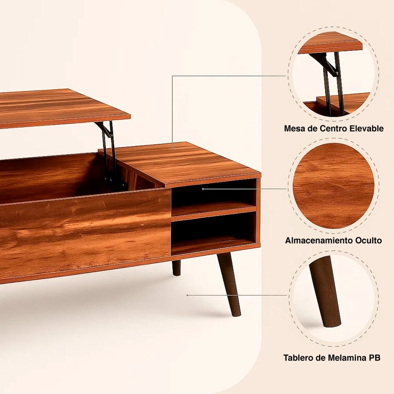 MESA DE CENTRO RUSTICA GREVA LIFT CON CAJONES Y REPISA - 5