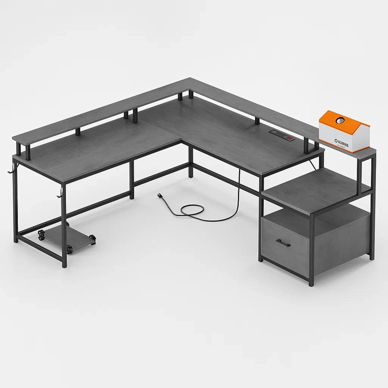 ESCRITORIO NOVA X EN L MODULAR CON ESTACION DE CARGA INTEGRADA (2 ENCHUFES + 2 USB) - GRIS NEGRO
