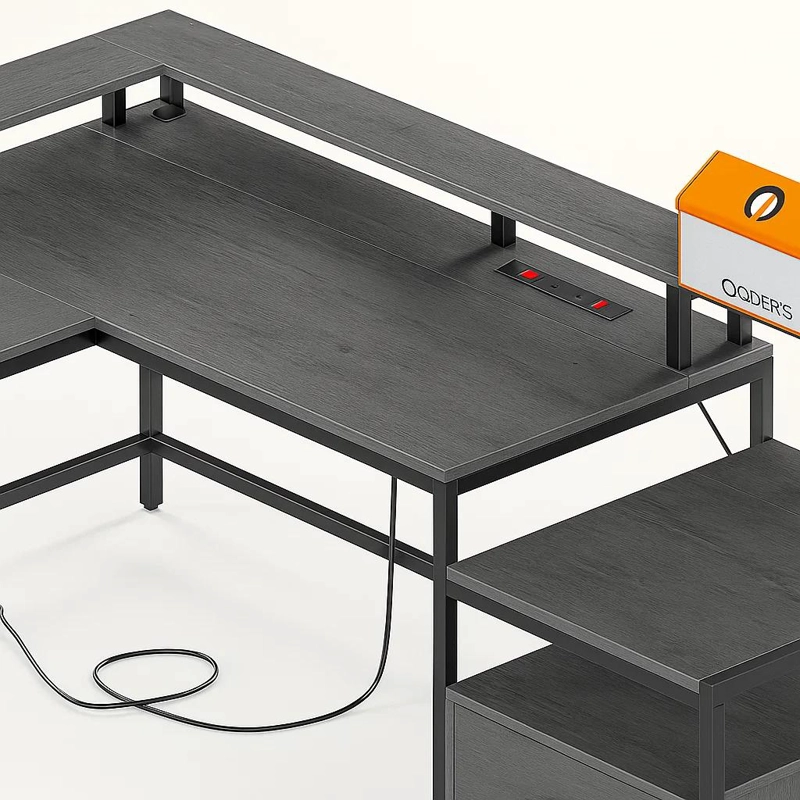 ESCRITORIO NOVA X EN L MODULAR CON ESTACION DE CARGA INTEGRADA (2 ENCHUFES + 2 USB) - GRIS NEGRO - 6