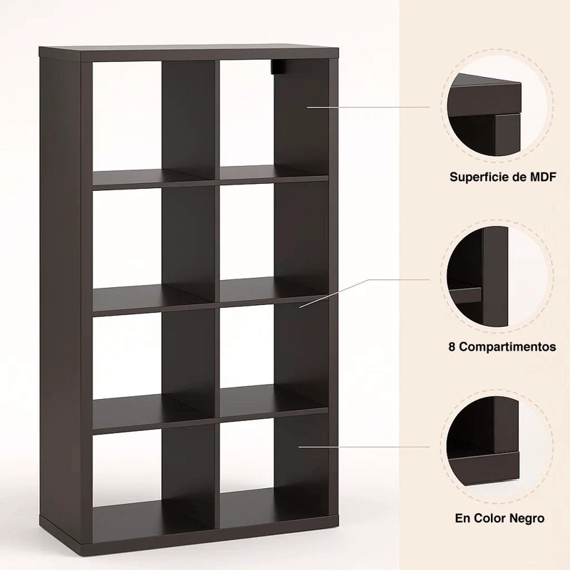 ESTANTE MODULAR ZYNO CON 8 COMPARTIMENTOS 39X76X146 - NEGRO - 9