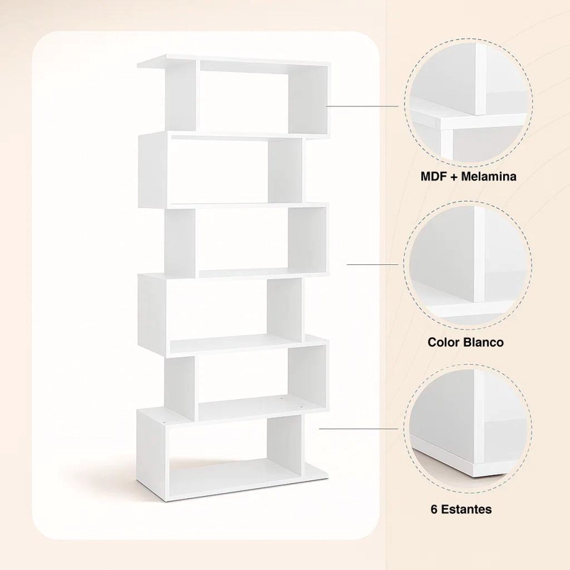 ESTANTERIA MODERNA ZIGZAG DE 6 NIVELES 80X23.5X187.5 - BLANCO - 5