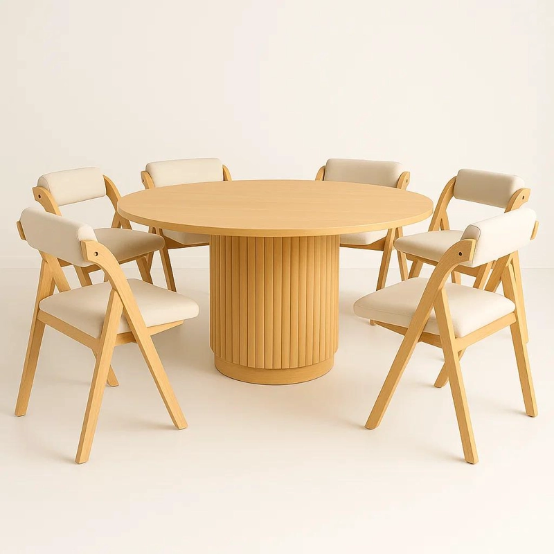 Comedor Redonda Armonía 130 Madera + 6 Silla Betlahem Beige - 1