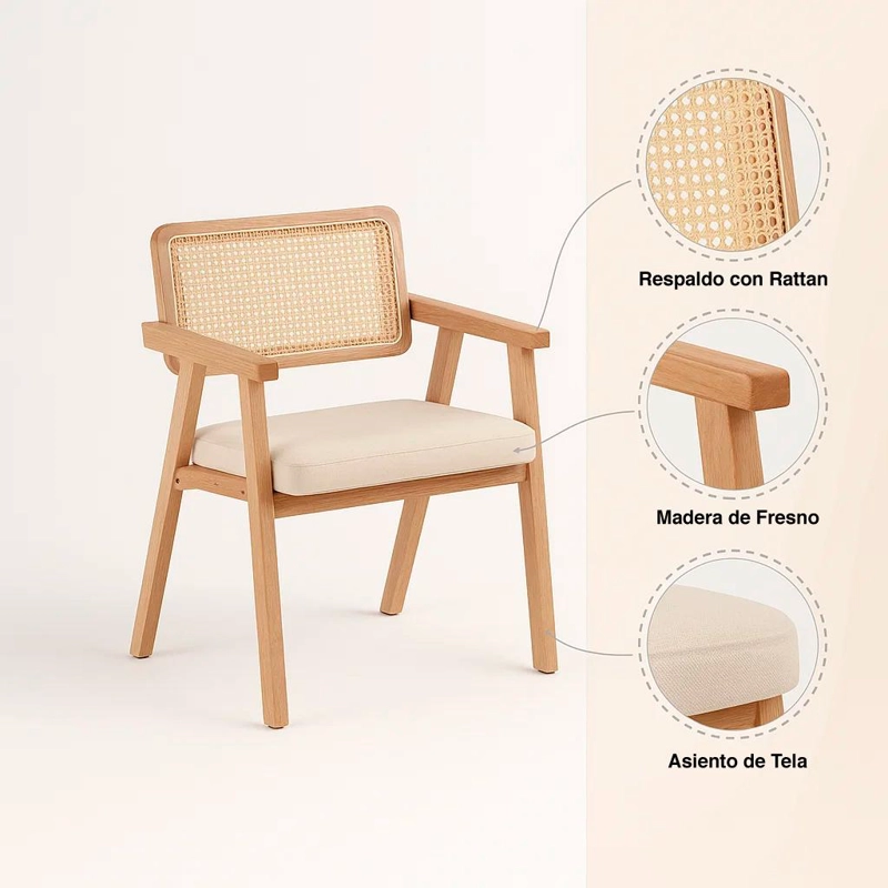 PACK DE 2 SITIALES ACOLCHADO CHANDIGARH BUTACA RATTAN - MADERA - 5
