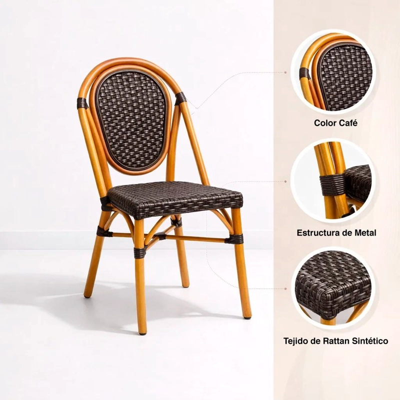 SILLA DE EXTERIOR ESTILO FRANCE S CON MARCO DORADO Y RATAN OSCURO - 5