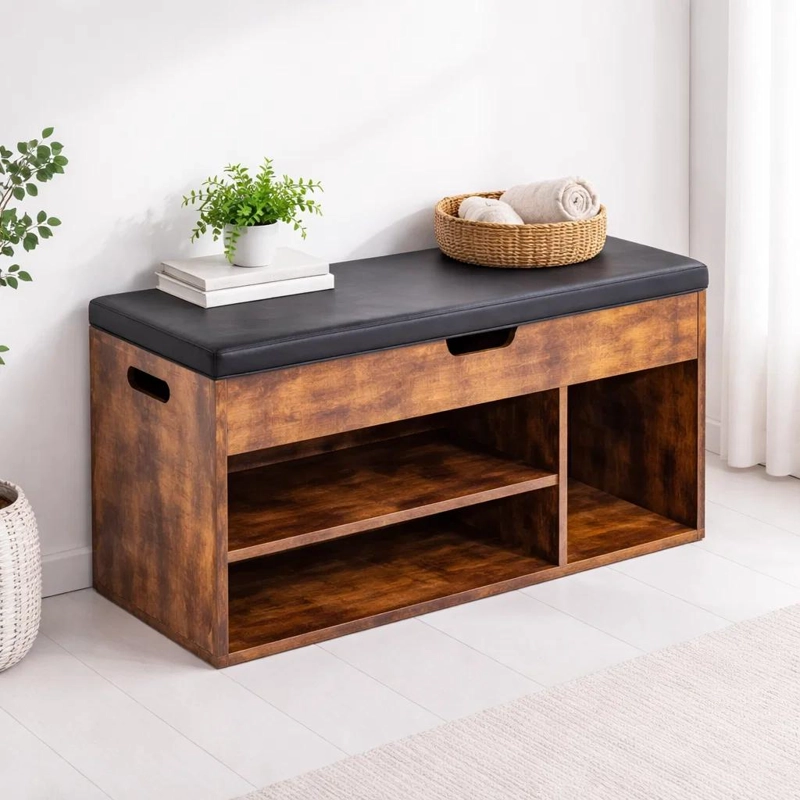 BANCO ZAPATERO DE MADERA RUSTICA CON ASIENTO ACOLCHADO Y BAUL DE ALMACENAJE - 2