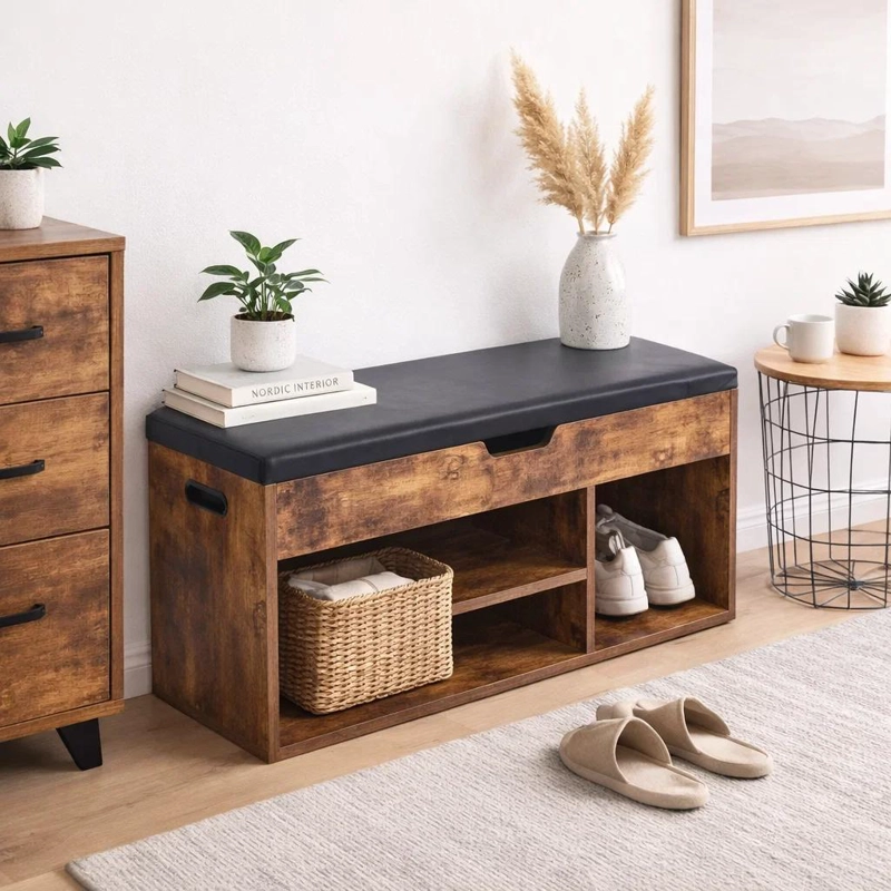BANCO ZAPATERO DE MADERA RUSTICA CON ASIENTO ACOLCHADO Y BAUL DE ALMACENAJE - 3