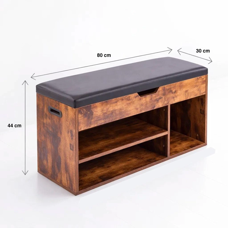 BANCO ZAPATERO DE MADERA RUSTICA CON ASIENTO ACOLCHADO Y BAUL DE ALMACENAJE - 4