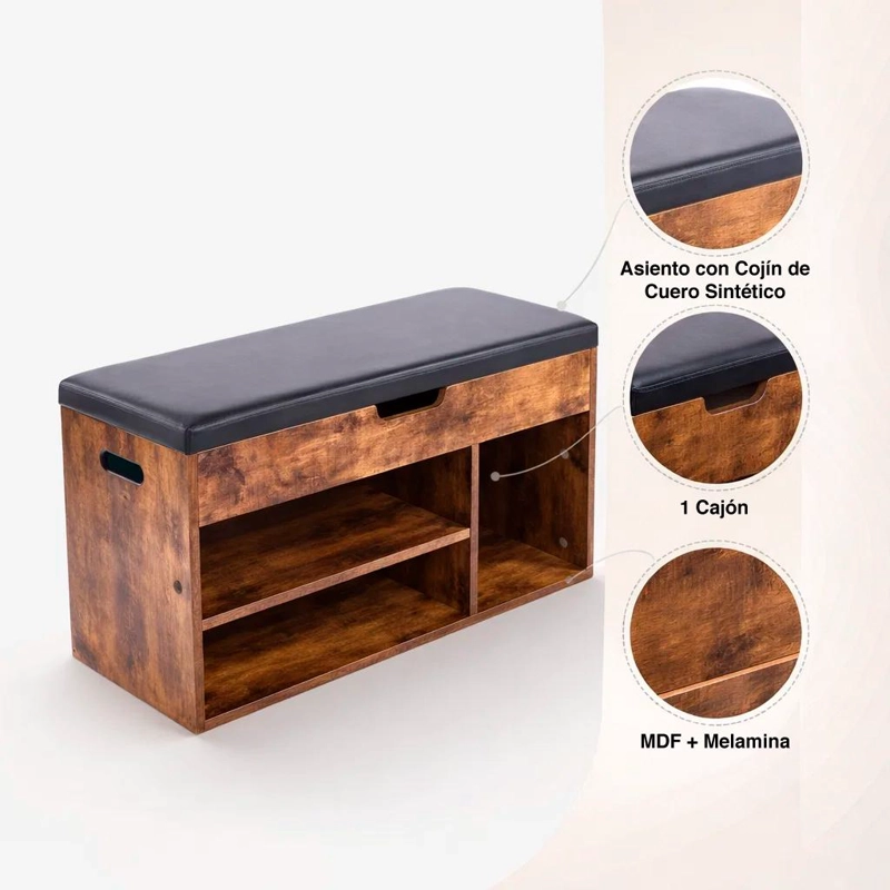 BANCO ZAPATERO DE MADERA RUSTICA CON ASIENTO ACOLCHADO Y BAUL DE ALMACENAJE - 5