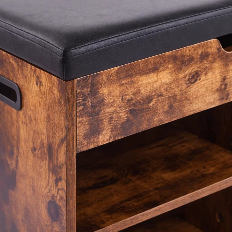 BANCO ZAPATERO DE MADERA RUSTICA CON ASIENTO ACOLCHADO Y BAUL DE ALMACENAJE - 6