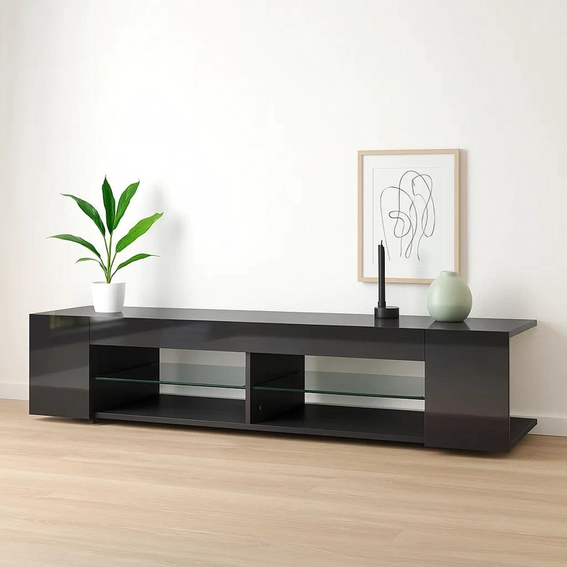 MUEBLE DE TV MODERNO NEGRO CON LUCES LED Y COMPARTIMENTOS - 2