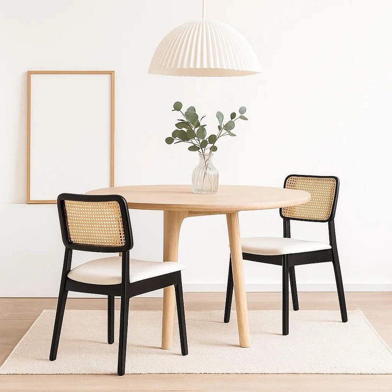 PACK DE 2 SILLAS DE COMEDOR CON RESPALDO DE RATAN Y ASIENTO TAPIZADO - BEIGE - 3