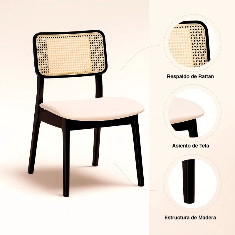 PACK DE 2 SILLAS DE COMEDOR CON RESPALDO DE RATAN Y ASIENTO TAPIZADO - BEIGE - 5