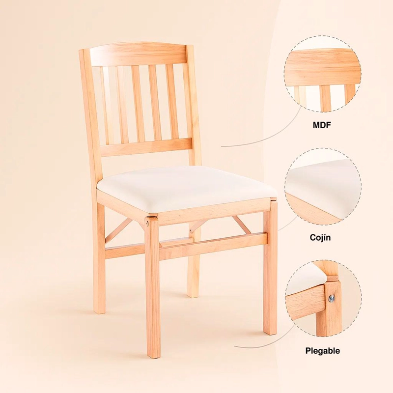 PACK DE 2 SILLAS MODERNA PLEGABLE DE MADERA CLARA CON TAPIZADO NEUTRO - 5