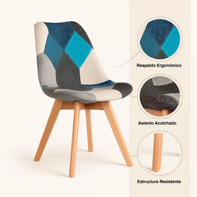 PACK DE 2 SILLAS EAMES PATCHWORK ACOLCHADA TELA WOOD - CELESTE - 5
