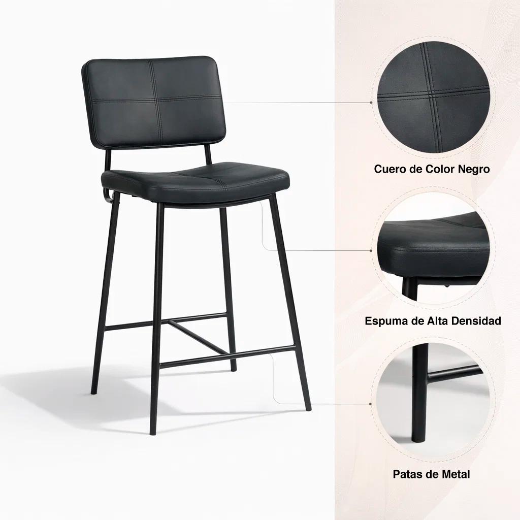 PACK DE 2 TABURETES ALTO BRONX NEGRO CON PATAS METALICAS NEGRAS - 5