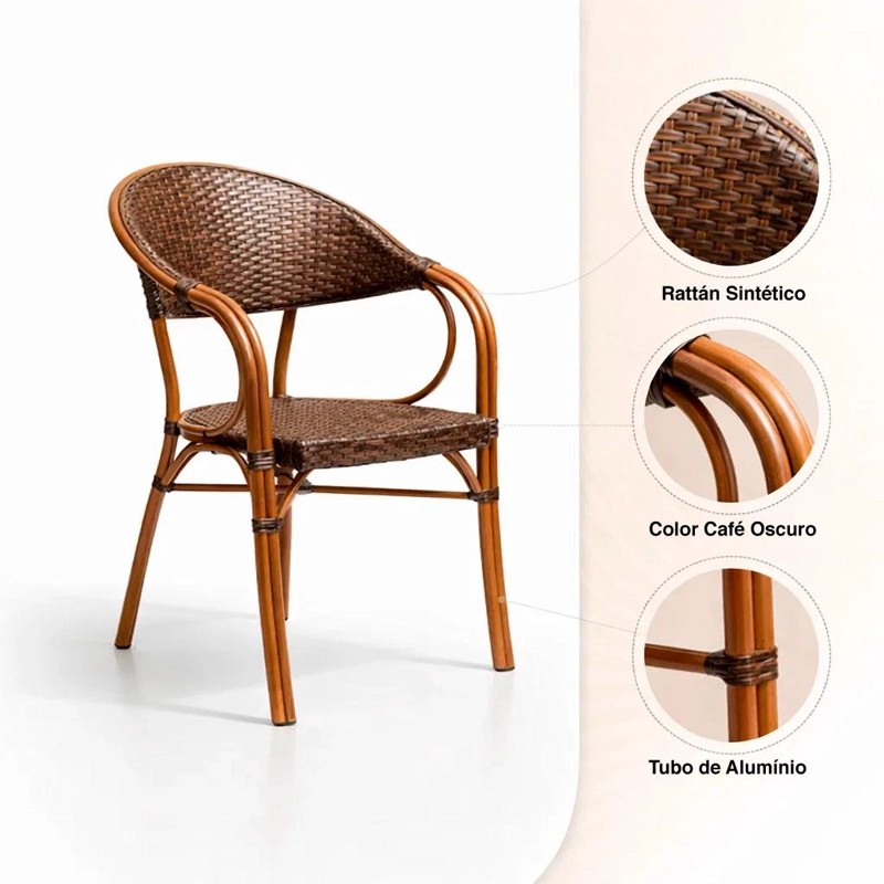 SILLA BISTRO PARISINA RATTAN CON  REPOSABRAZOS JOLIE  - CAFE  OSCURO - 5