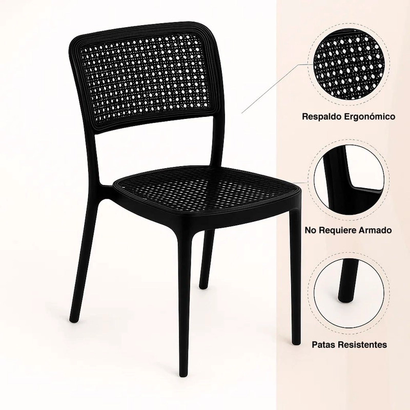 PACK DE 4 SILLAS DE RESTAURANT O TERRAZA COMEDOR HOFFMAN ENREJADA - NEGRA COMPLETA - 5