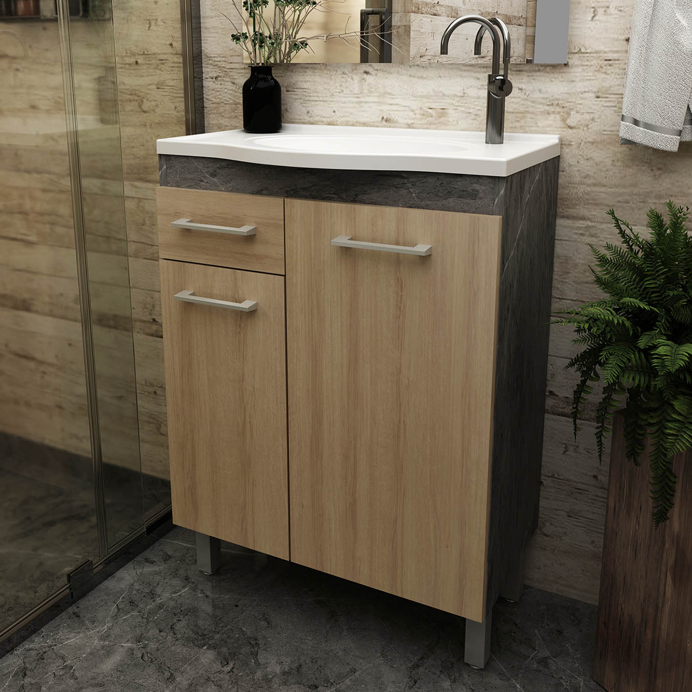MUEBLE TECNOMOBILI BN3649.0002 BAÑO 2 PUERTAS 1 CAJÓN CON LAVAMANOS MARMOL LUNAR-ALMENDRA MDP - 2