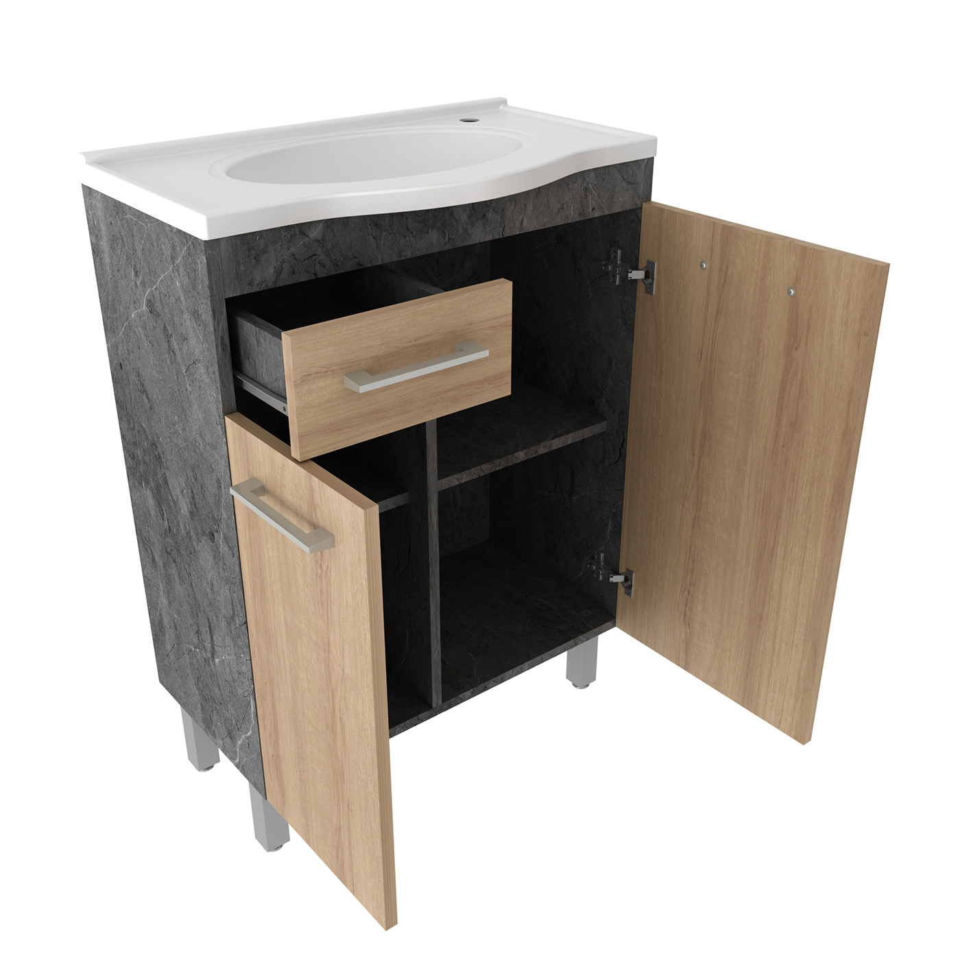 MUEBLE TECNOMOBILI BN3649.0002 BAÑO 2 PUERTAS 1 CAJÓN CON LAVAMANOS MARMOL LUNAR-ALMENDRA MDP - 3