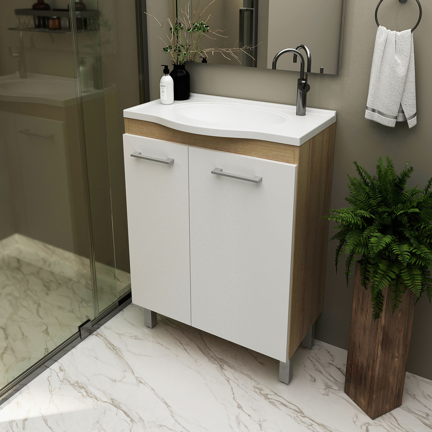 MUEBLE BAÑO 2 PUERTAS CON LAVAMANOS ALMENDRA/BLANCO BN3650.0002 - 3