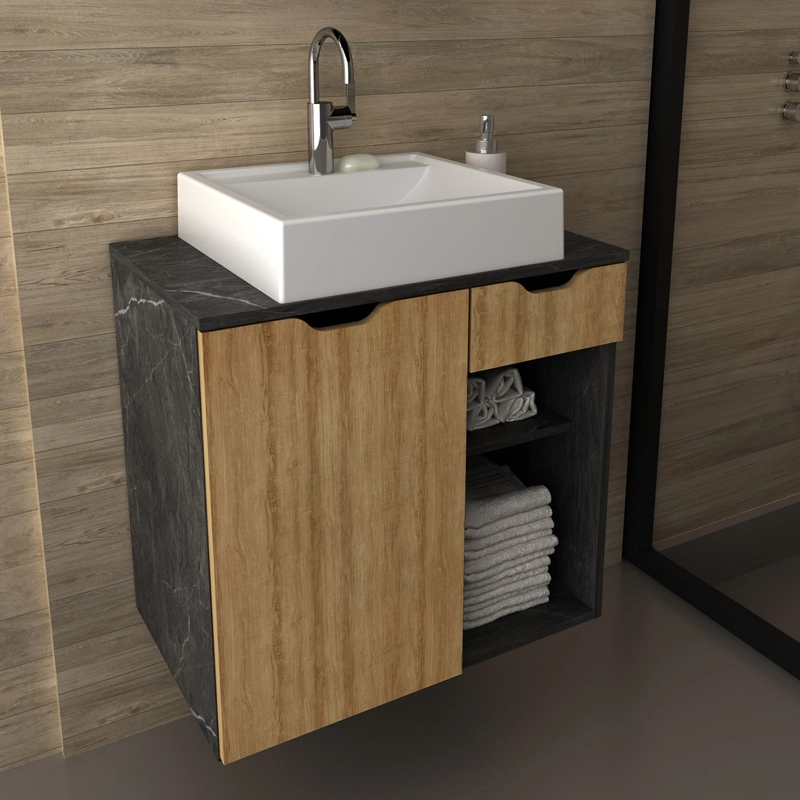 MUEBLE BAÑO TECNOMOBILI MDP AEREO 1 CAJÓN Y 1 PUERTA C/LAVAMANOS MARMOL LUNAR BN3605.0103 ALMENDRA - 3