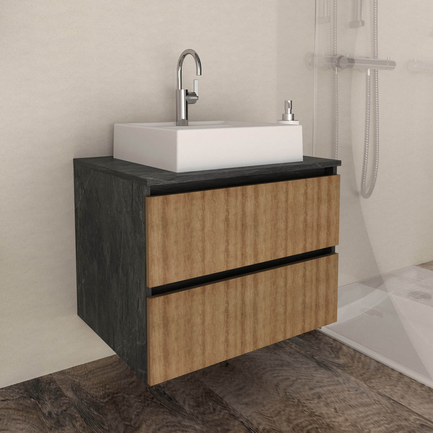MUEBLE BAÑO TECNOMOBILI MDP AEREO CON 2 CAJONES C/LAVAMANOS MARMOL LUNAR BN3607.0105 ALMENDRA - 3