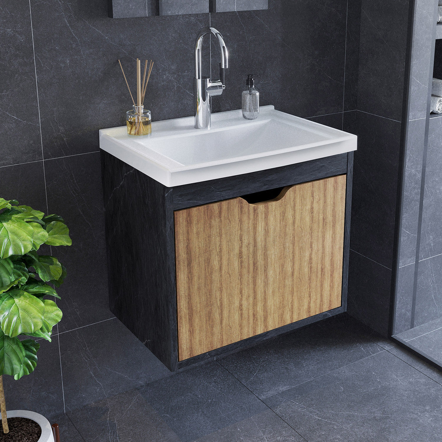 MUEBLE BAÑO TECNOMOBILI MDP AEREO CON 1 PUERTA C/LAVAMANOS MARMOL LUNAR BN3632.0006 ALMENDRA - 5