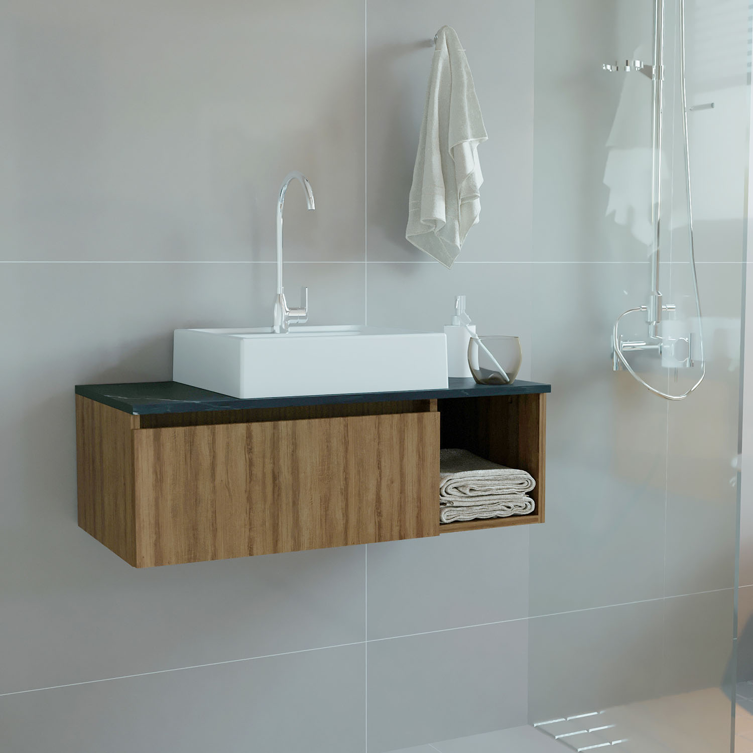MUEBLE BAÑO AEREO 1 PUERTA CON LAVAMANOS ALMENDRA/MARMOL BN3601.0104 - 5