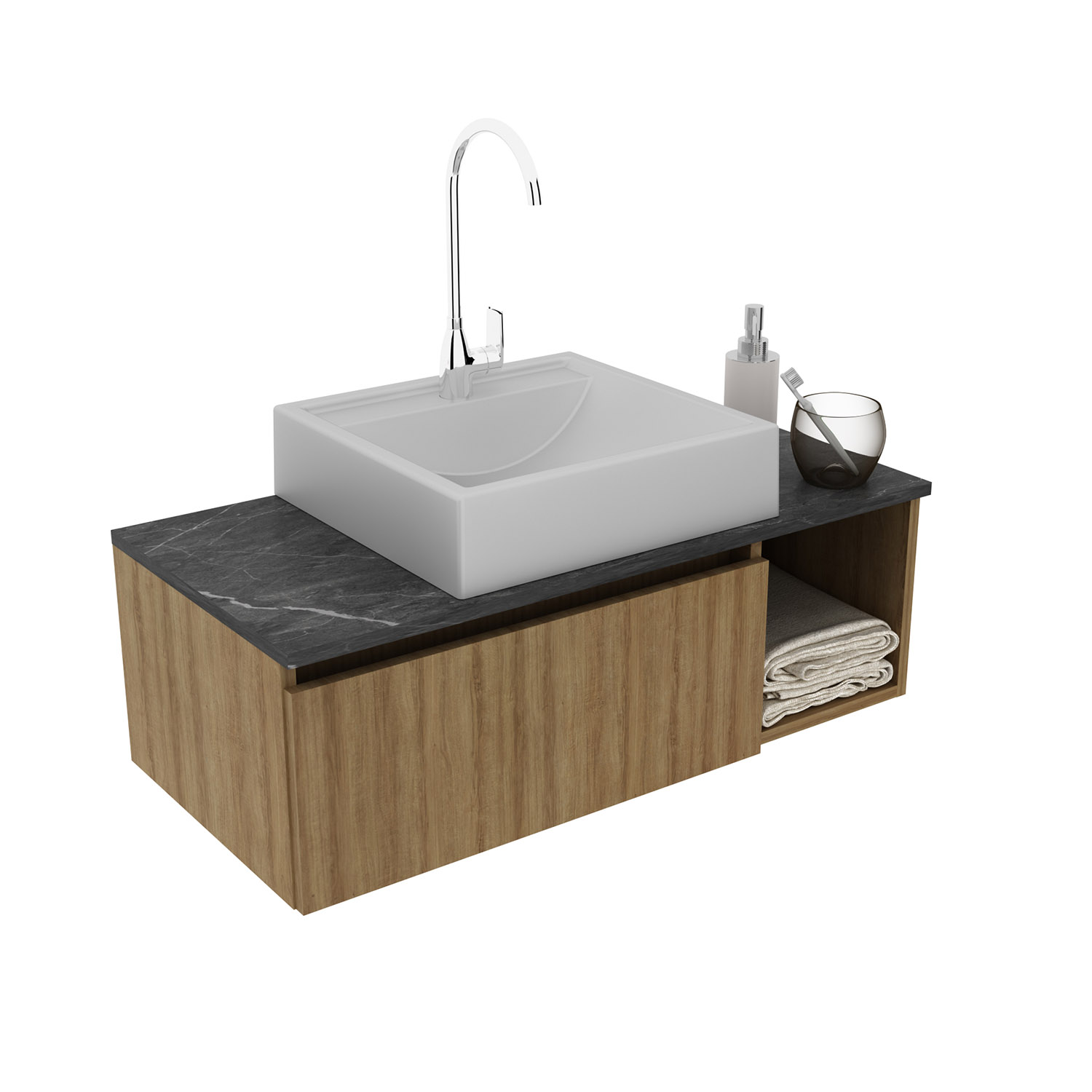 MUEBLE BAÑO AEREO 1 PUERTA CON LAVAMANOS ALMENDRA/MARMOL BN3601.0104 - 6