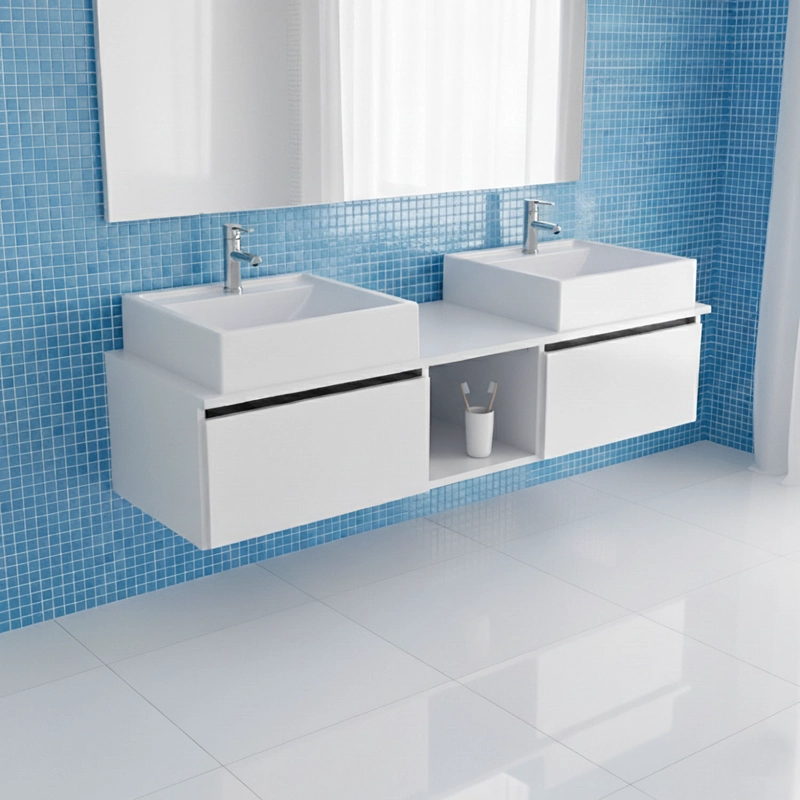 MUEBLE BAÑO AEREO 2 PUERTAS 2 LAVAMANOS BLANCO - 3