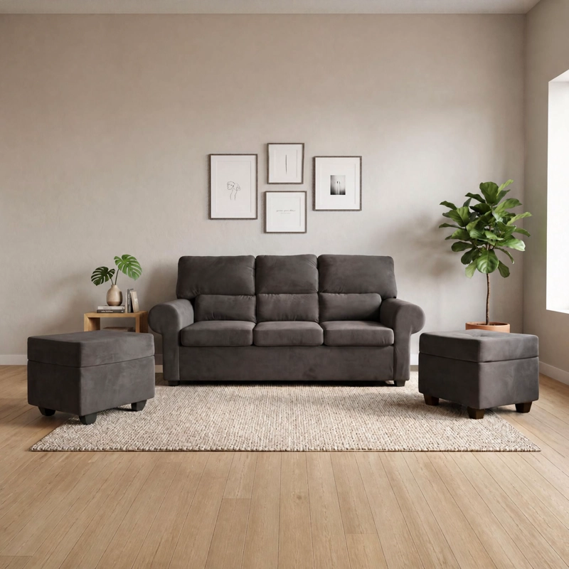 SOFA 3 CUERPOS BOSTON FELPA + 2 POUF - 1