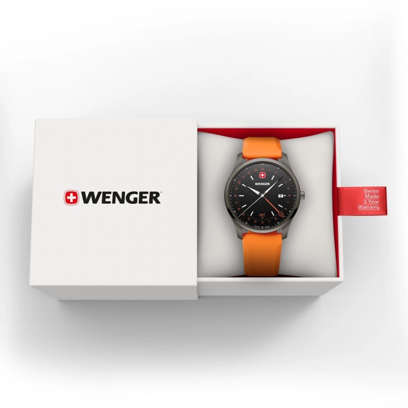 RELOJ CITY GMT 42 CORREA CAUCHO NARANJO WENGER - 3