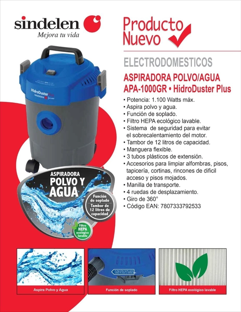 ASPIRADORA POLVO Y AGUA APA-1000GR SINDELEN - 9