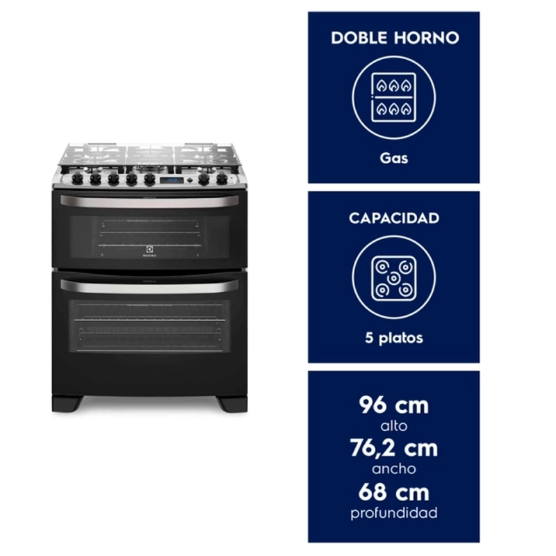 COCINA A GAS 5 PLATOS DOBLE HORNO ELEXTROLUX 76DBA NEGRA - 5