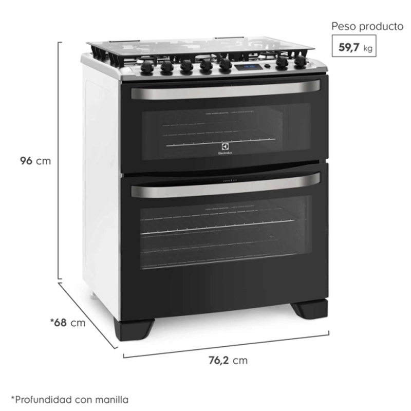 COCINA A GAS 5 PLATOS DOBLE HORNO ELEXTROLUX 76DBA NEGRA - 6