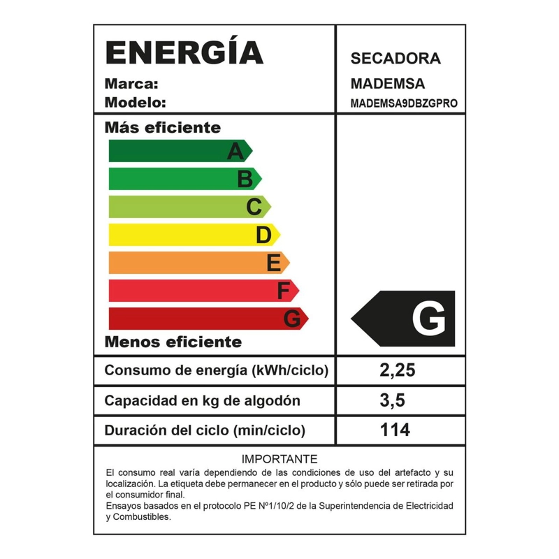 SECADORA MADEMSA SECADO AUTOMATICO 9DBZG PRO 9KG - 9