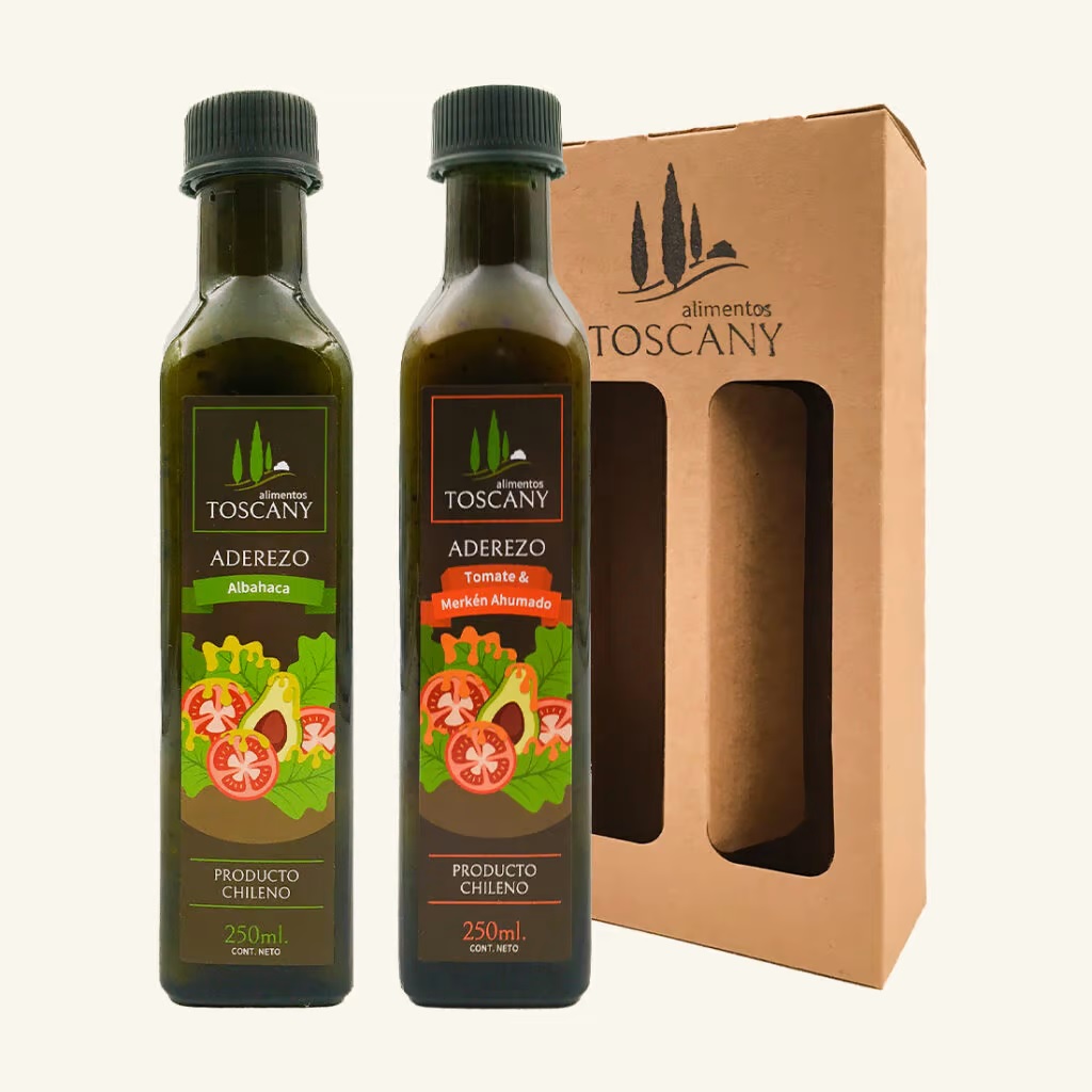 Pack Dúo Aderezos Toscany para ensaladas - Albahaca +Tomate Merkén - 1