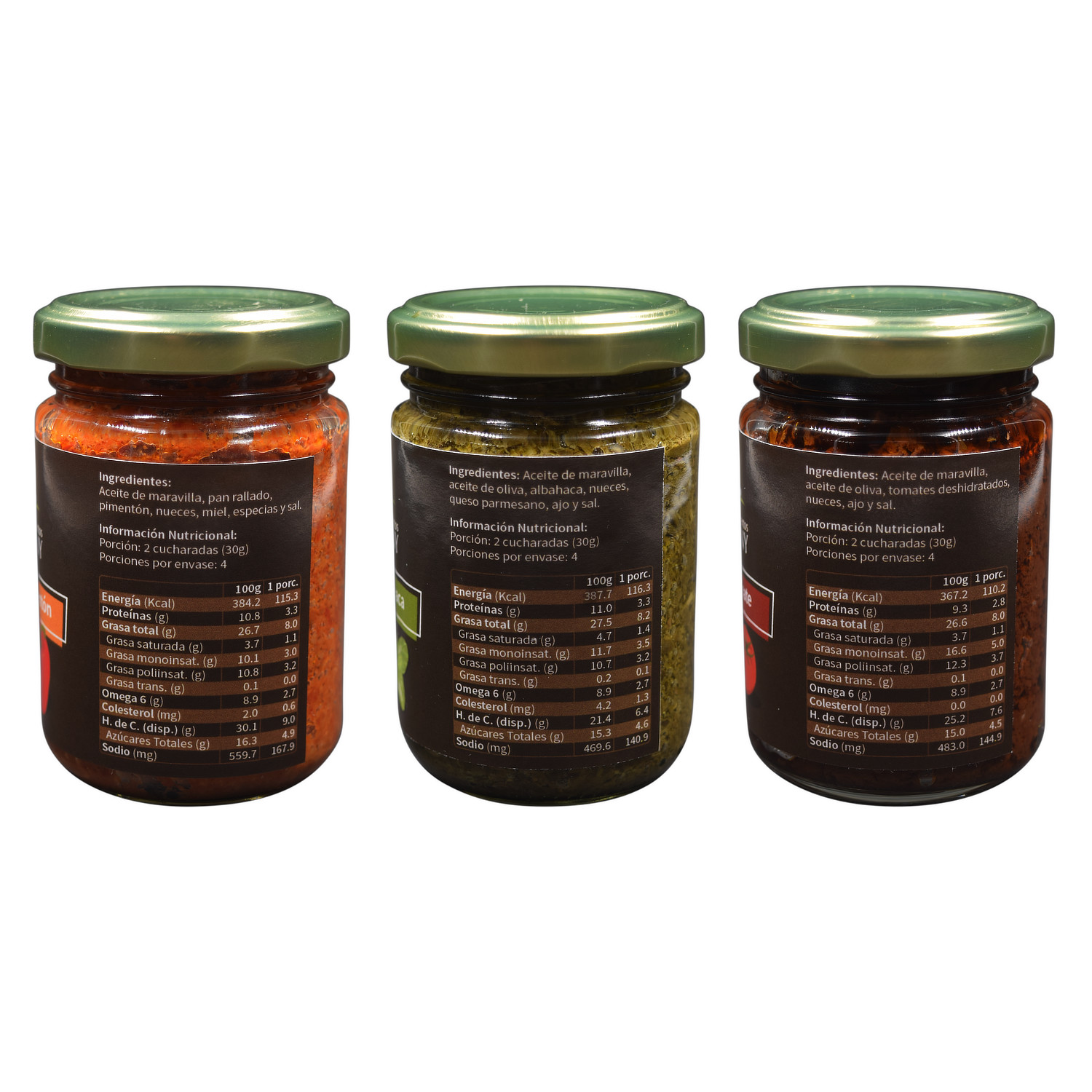 PACK TRIO PESTOS GOURMET: ALBAHACA NUEZ, TOMATE DESHIDRATADO Y PIMENTÓN ASADO. - 2