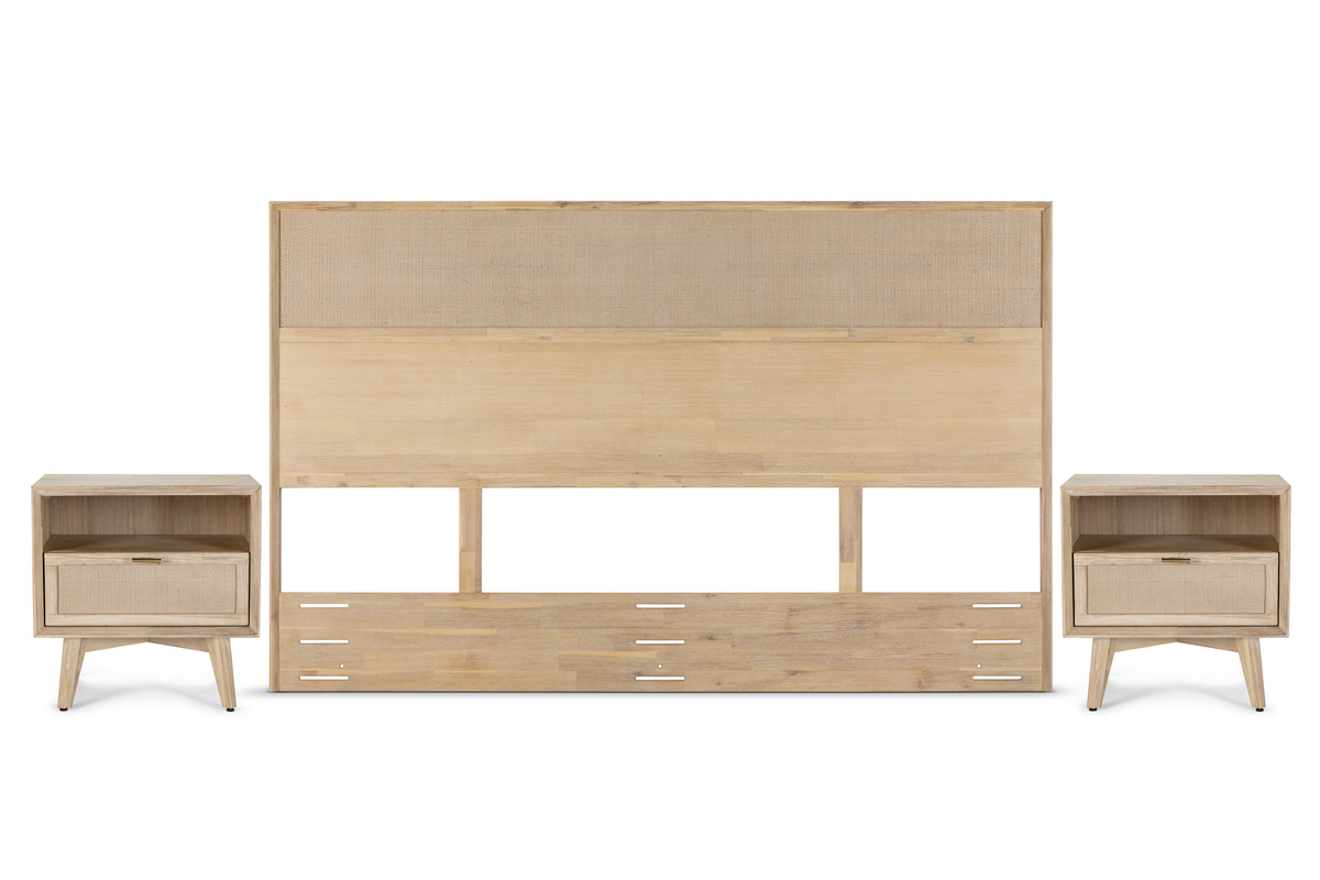 SET RESPALDO KING + VELADORES HALSEY ROSEN MADERA-RATTAN - 1