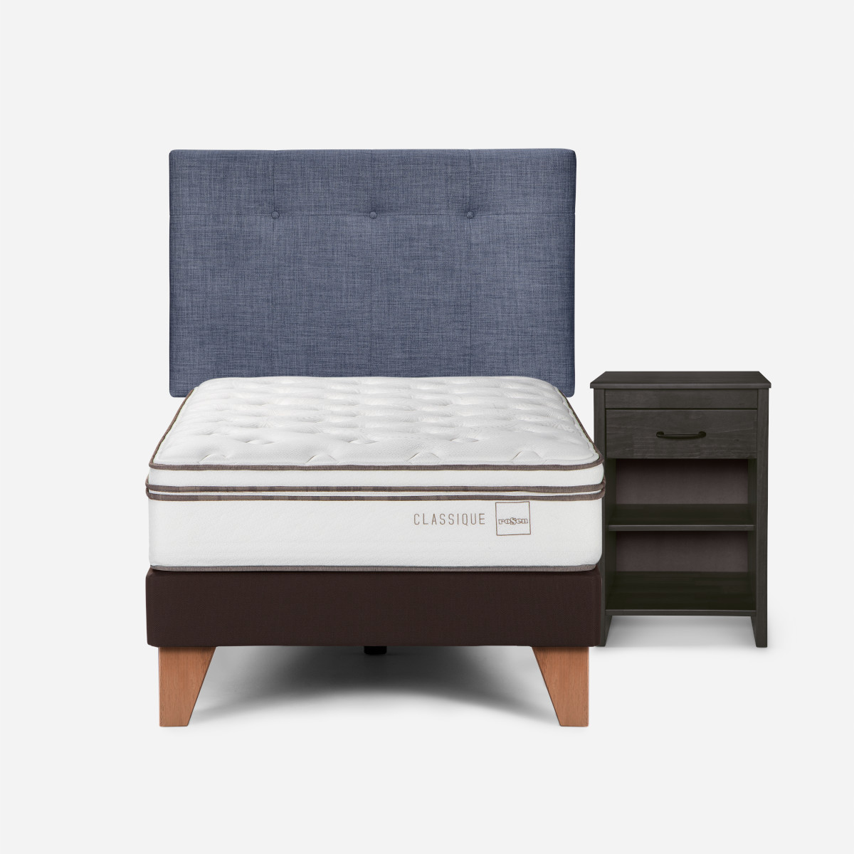 CAMA EUROPEA ROSEN CLASSIQUE+ 1.5 PLAZAS + RESPALDO/VELADOR DENIM - 1