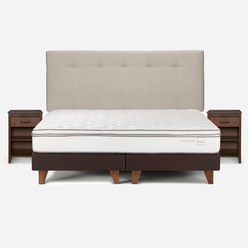 CAMA EUROPEA ROSEN CLASSIQUE+ 2 PLAZAS +RESPALDO+VELADORES NATURAL - 1