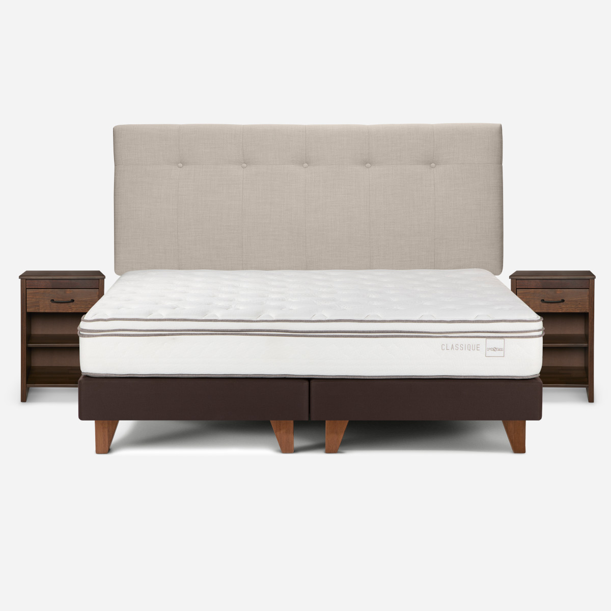 CAMA EUROPEA ROSEN CLASSIQUE+ 2 PLAZAS +RESPALDO+VELADORES NATURAL - 1
