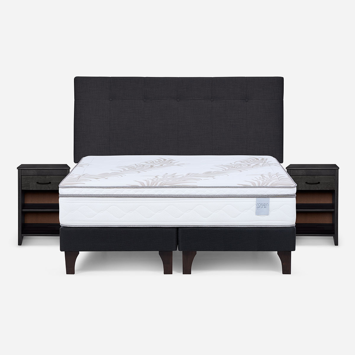 CAMA EUROPEA ROSEN NEO PLUS 2 PLAZAS+RESPALDO N.B. GRAFITO+VELADOR - 1