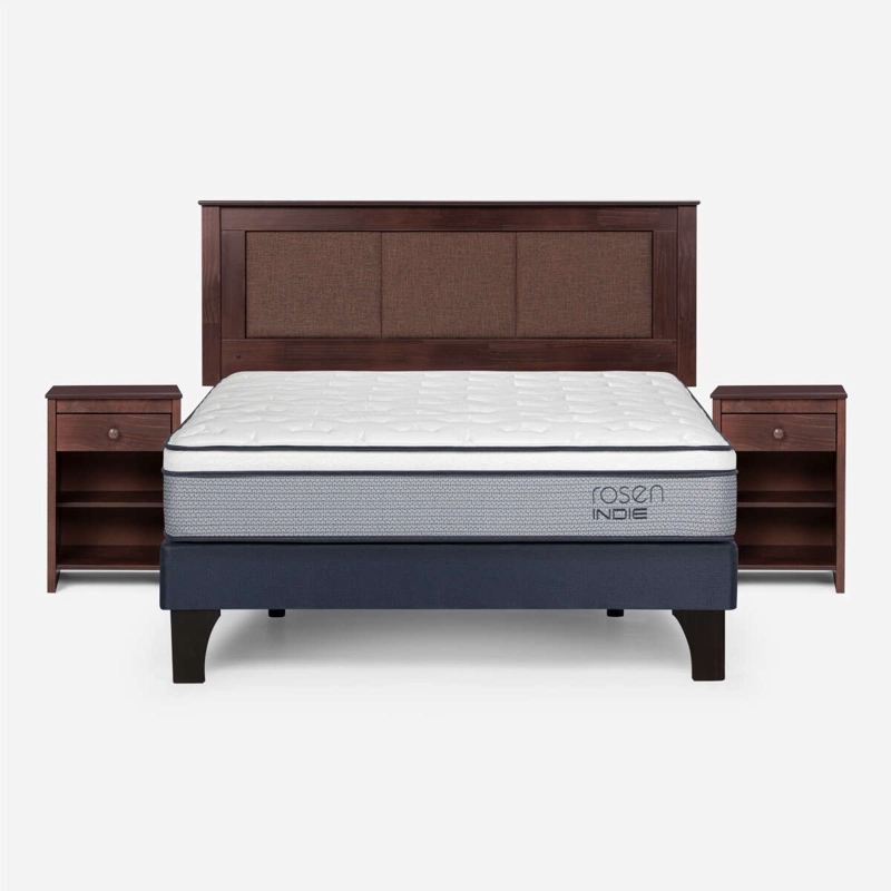 CAMA INDIE 2 PLAZAS PATA MADERA BN +RESPALDO RACHEL+VELADOR - 1