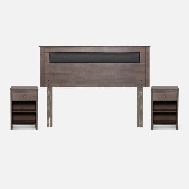 SET RESPALDO+VELADORES FERRARA CUERINA-MADERA GRIS 2 PLAZAS - 1