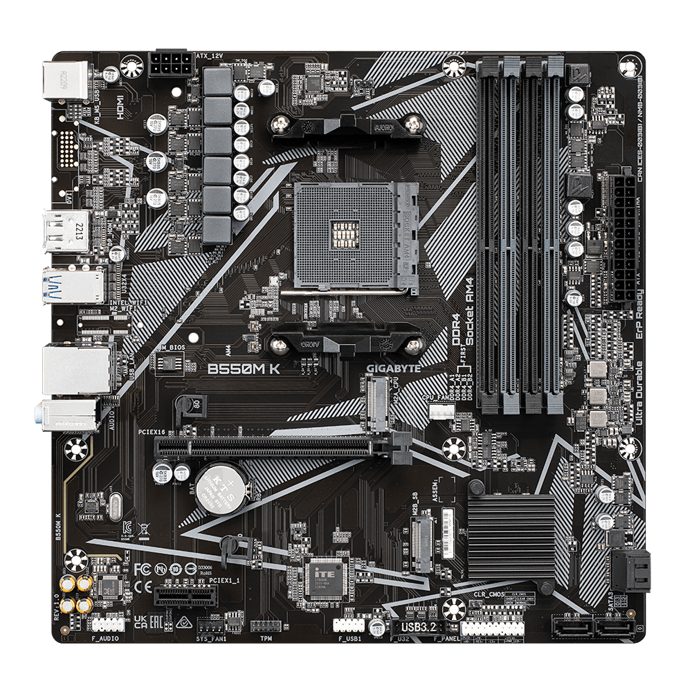 PLACA MADRE GIGABYTE B550M K, SOCKET AM4, SATA 6GB/S, MICRO-ATX, USB 3.1 GEN 1, PCIE 4.0 - 2