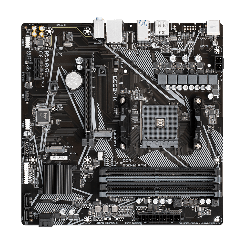 PLACA MADRE GIGABYTE B550M K, SOCKET AM4, SATA 6GB/S, MICRO-ATX, USB 3.1 GEN 1, PCIE 4.0 - 4